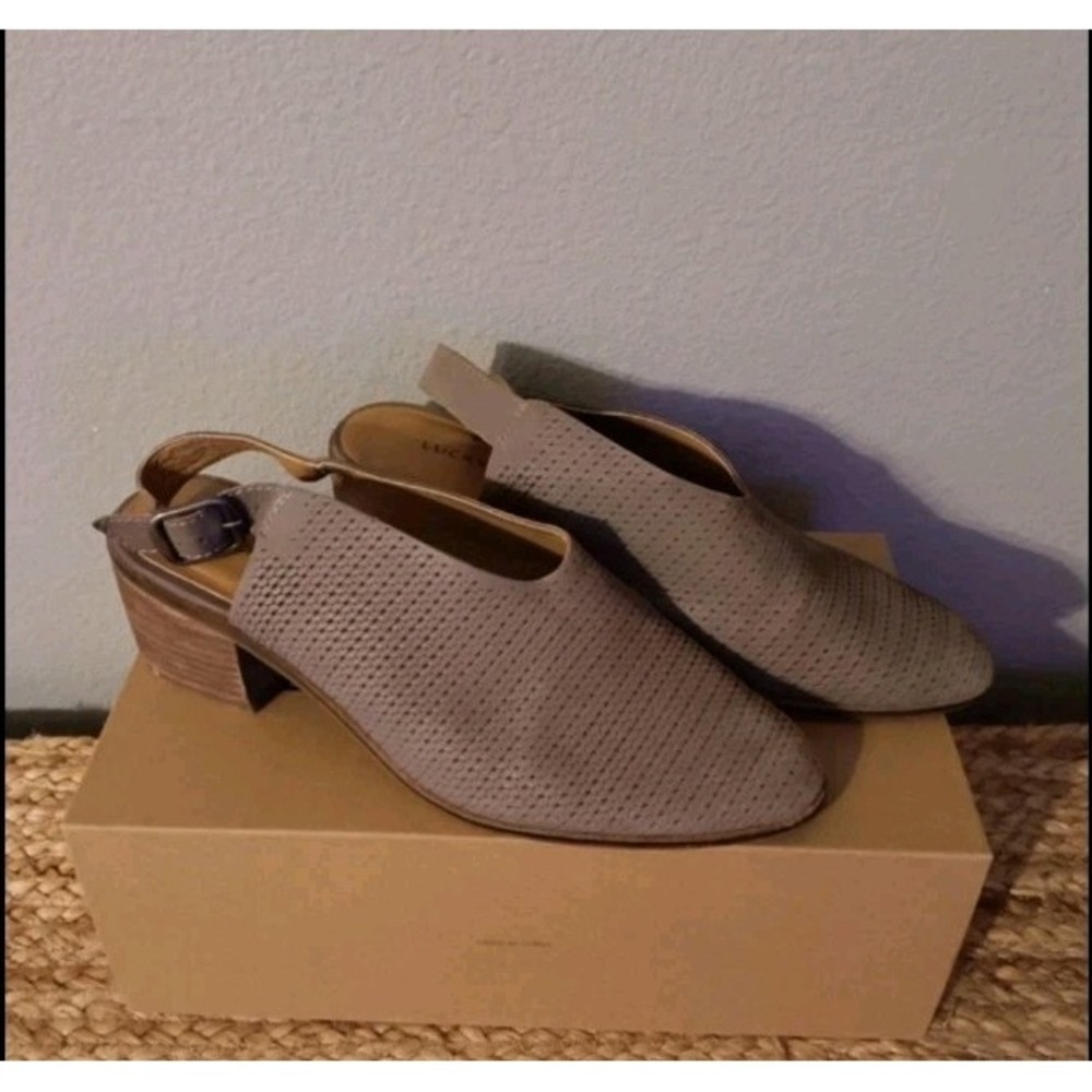 Lucky Brand Mules Women's Size 9.5 M Taupe Leather Peep Toe Block Heels
